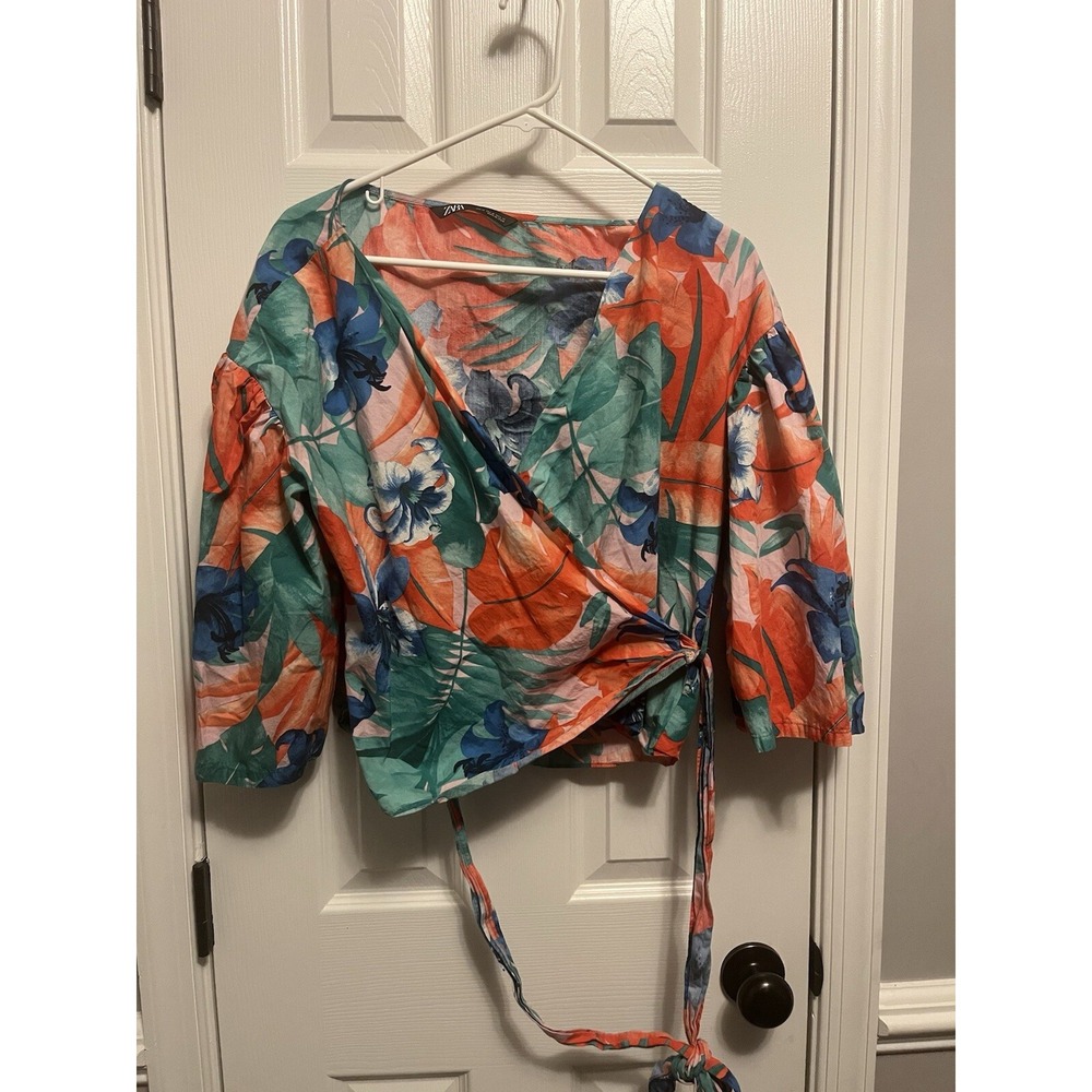 Women's Zara Tropical Print Wrap M puff sleeve elbow length adjustable waist